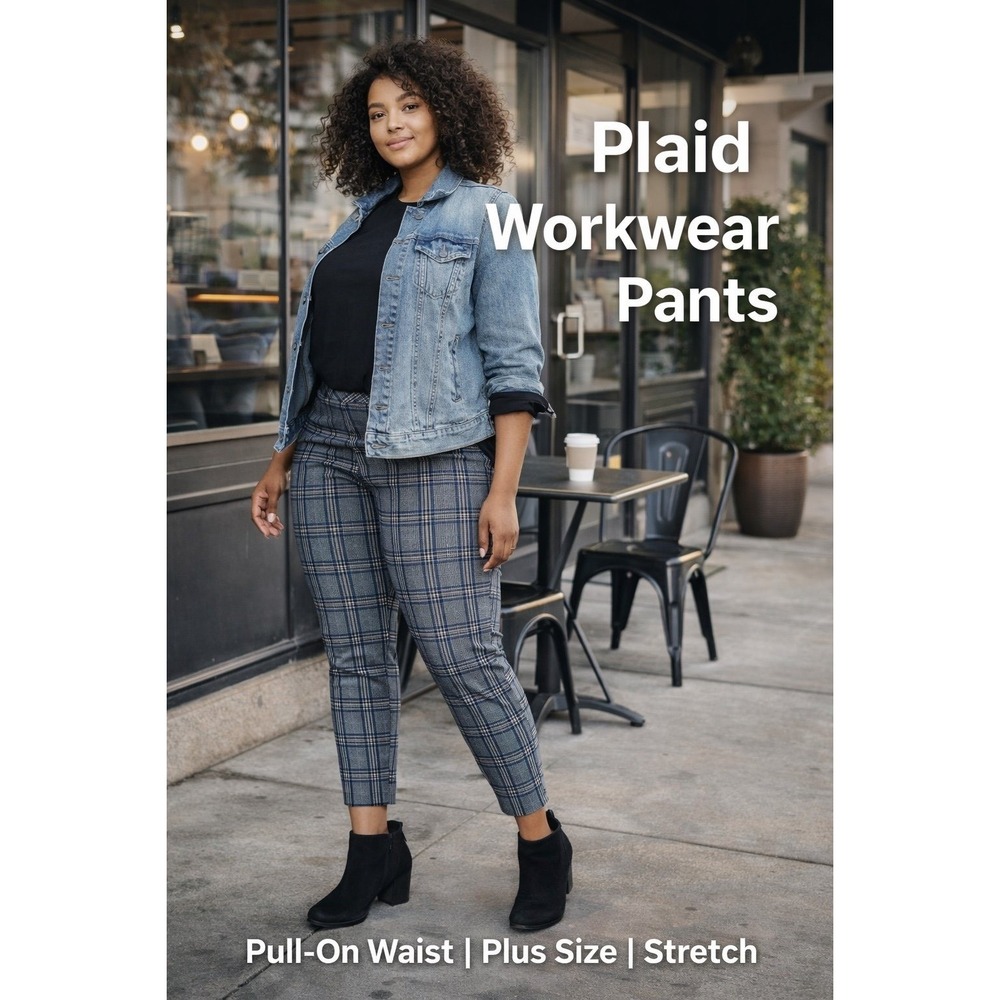 Torrid Plaid Ankle Pants Size 2 Blue Gray Stretch Pull On Workwear